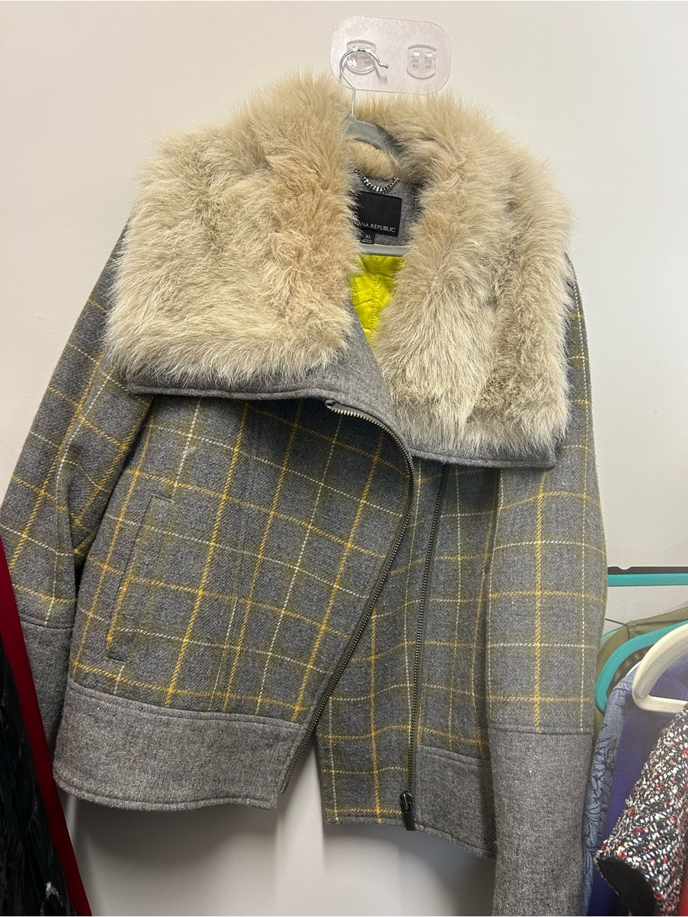 Banana Republic Gray Plaid Jacket with Faux Fur Shawl Collar